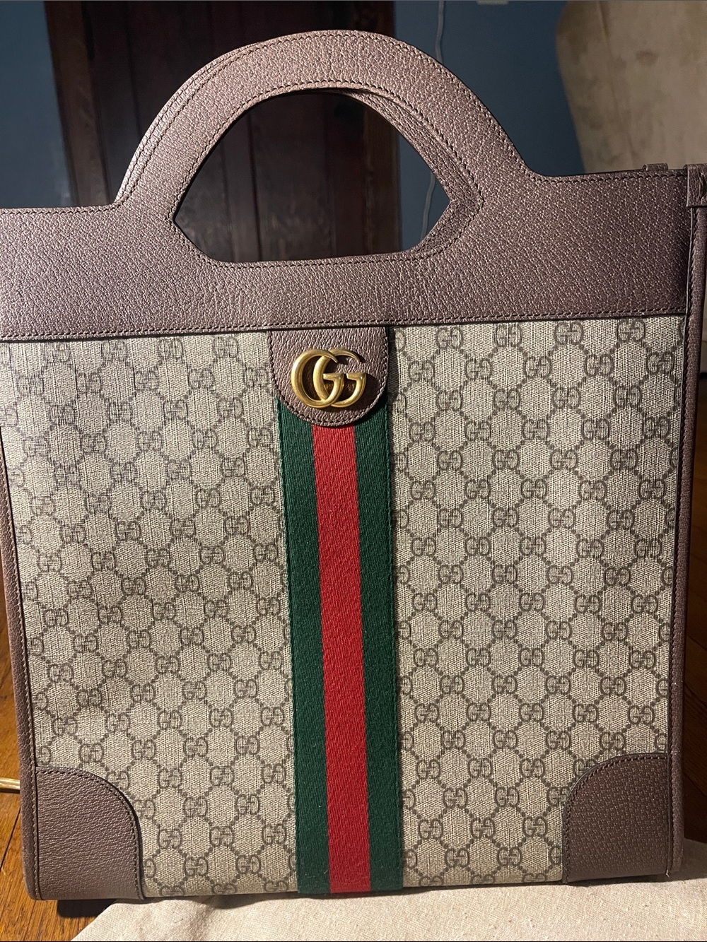 Gucci Beige/Brown GG Supreme Bag with Green-Red Web Stripe & Tote Bag (ITALY) - Picture 4 of 7